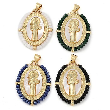 Rack Plating Brass Pave Shell Religion Saint Pendants, Oval Charms with Glass, Real 18K Gold Plated, Long-Lasting Plated, Lead Free & Cadmium Free, Mixed Color, 32x24x3mm, Hole: 4mm