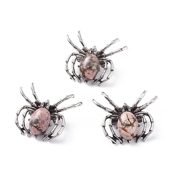 Natural Rhodonite Brooch, with Brass Findings and Glass, Spider, Antique Silver, 34~35x41~42x7mm, Hole: 3x5mm