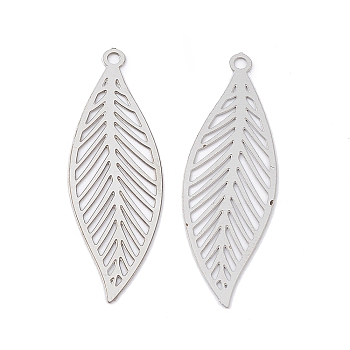 201 Stainless Steel Pendants, Etched Metal Embellishments, Leaf Charm, Stainless Steel Color, 32x10x0.2mm, Hole: 1.4mm