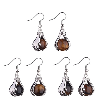 Natural Tiger Eye Palm Dangle Earrings, Platinum Brass Jewelry for Women, 38.5mm, Pin: 0.6mm