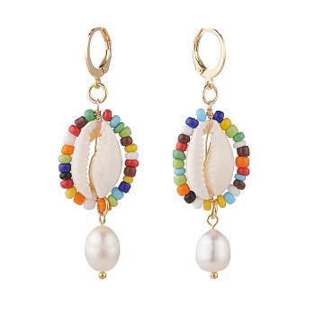 Natural Shell and Pearl Wrapped Dangle Hoop Earrings, Beaded Oval Long Drop Earrings for Women, Golden, Colorful, 60mm, Pin: 0.7x0.9mm