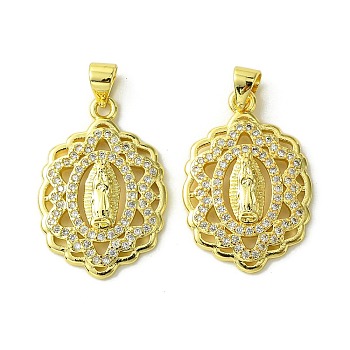 Brass Micro Pave Cubic Zirconia Pendants, Real 18K Gold Plated, Oval, 25.5x17.5x3mm, Hole: 4x3mm