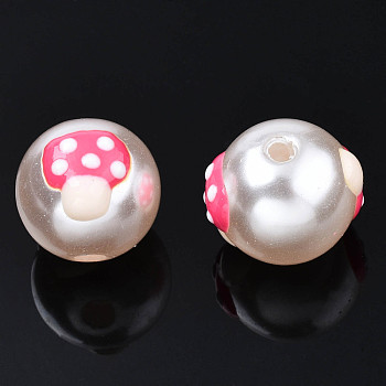 ABS Plastic Imitation Pearl Beads, with Enamel, Round with Mushroom, Hot Pink, 12x11mm, Hole: 2mm