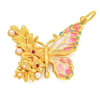 Rack Plating Brass Enamel Pendants, with ABS Imitation Pearl and Jump Ring, Cadmium Free & Lead Free, Real 18K Gold Plated, Long-Lasting Plated, Butterfly Charm, Deep Pink, 24x33x5mm, Hole: 5mm