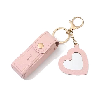 PU Leather Lipstick Storage Bags, Portable Lip Balm Organizer Holder for Women Ladies, with Light Gold Tone Alloy Keychain and Mirror, Heart, Pink, Bag: 6x3cm