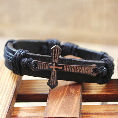 Adjustable Cross with Word Iron Braided Leather Cord Bracelets(BJEW-P0001-02B)-4