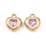 304 Stainless Steel Enamel Pendants, Heart, with Rhinestone, Real 18K Gold Plated, PVD Vacuum Plating, Pink, 16x14x7.5mm, Hole: 2mm(STAS-C158-15G-01)