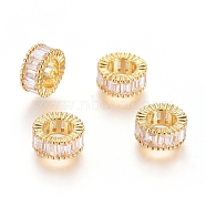 Brass Micro Pave Cubic Zirconia European Beads, Large Hole Beads, Long-Lasting Plated, Ring, Clear, Real 18K Gold Plated, 7x3mm, Hole: 4mm(ZIRC-G166-45G)