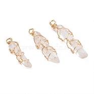 Natural Quartz Crystal Pendants, Rock Crystal Pendants, with Golden Copper Wire Findings Wrapped, Bullet, 27.5~40x7~9x7.5~9mm, Hole: 2mm(PALLOY-JF00613)