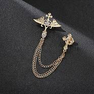 Angel Wing & Cross Chain Tassel Dangle Brooch Pin, Alloy Rhinestone Badge for Jackets Hats Bags, Golden, 190mm(RELI-PW0001-100G-02)