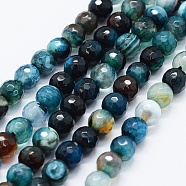Faceted Natural Agate Beads Strands, Dyed & Heated, Round, Prussian Blue, 6mm, Hole: 0.5mm, about 63pcs/strand, 14.4 inch(36.5cm)(G-F561-6mm-D08)