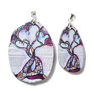 Natural Agate Big Pendants, Tree of Life Charms with Platinum Plated Metal Pinch Bails, Dyed & Heated, Lavender, 48~65x27~46x5.5~6mm, Hole: 5x3mm(G-E613-02P-03)