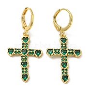 Cross Real 18K Gold Plated Brass Dangle Leverback Earrings, with Glass, Dark Green, 39x17.5mm(EJEW-A033-01G-01)