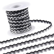 1Pc Sparkle Wavy Polyester Ribbons, with 1Pc Plastic Empty Spools, Black, 1/4 inch(5mm), about 16.40~18.59 Yards(15~17m)/Roll(OCOR-GF0002-99E)
