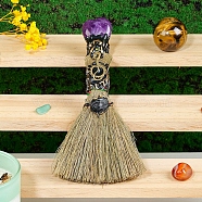 Natural Amethyst Heart Magic Broom, Mini Witch Broom, Reiki Stone For Cleansing Healing Fengshui, for Home Halloween Decor, 170x30mm(PW-WG62536-03)