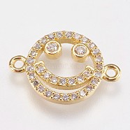 Brass Micro Pave Cubic Zirconia Links, Smiling Face, Clear, Golden, 11.5x17x2mm, Hole: 1mm(KK-I614-011G)