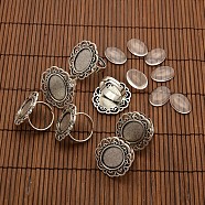 13x18mm Oval Transparent Glass Cabochons and Iron Flower Finger Ring Components Alloy Cabochon Bezel Settings for DIY, Antique Silver, 17mm inner diameter, Tray: 13x18mm(DIY-X0197-AS)