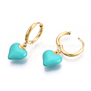 Enamel Heart Dangle Hoop Earrings, Real 18K Gold Plated 304 Stainless Steel Jewelry for Women, Nickel Free, Dark Turquoise, 28x11.5mm, Pin: 1mm(EJEW-T018-01B)
