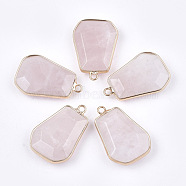 Natural Rose Quartz Pendants, with Brass Findings, Trapezoid, Golden, 30~32x21~22x6~7mm, Hole: 2mm(G-T112-15F)