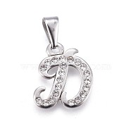 304 Stainless Steel Pendants, with Rhinestone, Letter, Letter.D, 19x17x2mm, Hole: 3~3.5x7.5~8mm(STAS-F202-16P-D)