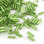 Glass Bugle Beads, Silver Lined, Green, 4~4.5x2mm, Hole: 1mm, about 450g/bag, 14000pcs/bag(SEED-R011-27)