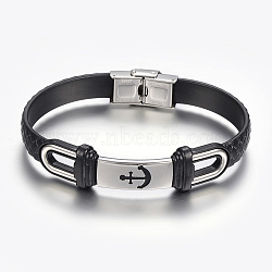 PU Leather Braided Cord Bracelets, with 304 Stainless Steel Finding, Rectangle with Anchor, Black, 8-5/8 inch(220mm), 10~16x2.5~8.5mm(X-BJEW-E324-C07)