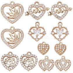 12Pcs 6 Style Valentine's Day Brass Micro Pave Cubic Zirconia Pendants, Heart, Clear, 10~17x9~19x2~3.5mm, Hole: 1~1.5mm, 2pcs/style(KK-SC0003-16)