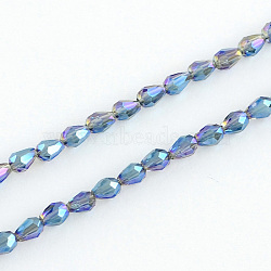Electroplated Glass Bead Strands, Rainbow Plated, Faceted, teardrop, Royal Blue, 4~5x3~3.5mm, Hole: 1mm, about 100pcs/strand, 18.1 inch(EGLA-R147-02)