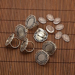 13x18mm Oval Transparent Glass Cabochons and Iron Flower Finger Ring Components Alloy Cabochon Bezel Settings for DIY, Antique Silver, 17mm inner diameter, Tray: 13x18mm(DIY-X0197-AS)