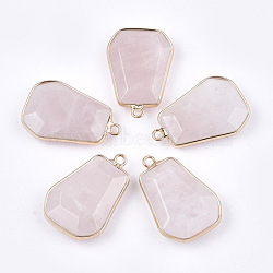 Natural Rose Quartz Pendants, with Brass Findings, Trapezoid, Golden, 30~32x21~22x6~7mm, Hole: 2mm(G-T112-15F)