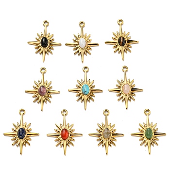 Natural & Synthetic Mixed Stone Sun Pendants, Sun Charms with Ion Plating(IP) Real 24K Gold Plated 316 Stainless Steel Findings, 26x19x3.5mm, Hole: 1.6mm