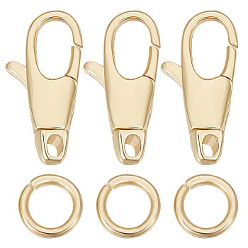 6Pcs Brass Swivel Lobster Claw Clasps, with 20Pcs 304 Stainless Steel Open Jump Rings, Real 18K Gold Plated, 14.5x7x3mm, Hole: 1.2mm