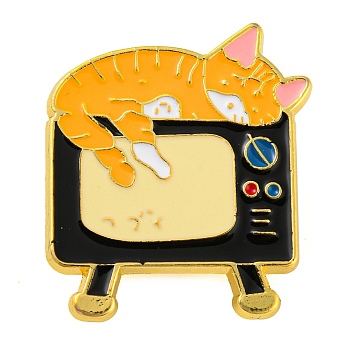 Golden Zinc Alloy Brooches, Cartoon Cat Enamel Pins, Television, 30x26x1.6mm