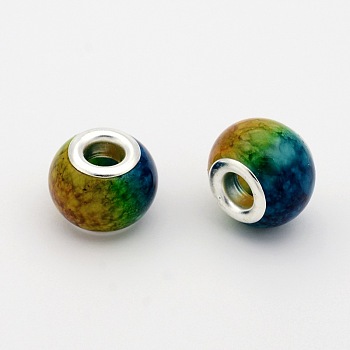 Large Hole Glass European Beads, with Silver Color Plated Brass Cores, Rondelle, Marine Blue, 14x10mm, Hole: 5mm