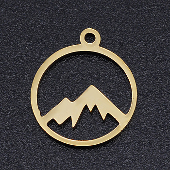 Ion Plating(IP) 201 Stainless Steel Pendants, Laser Cut, Ring with Mountain Charm, Golden, 17x14.5x1mm, Hole: 1.5mm