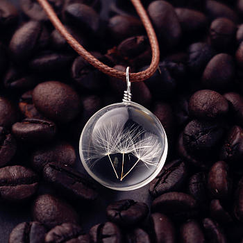 Flat Round Clear Glass Inner Dandelion Pendant Imitation Leather Cord Necklaces for Women, Platinum, 15.75 inch(40cm)