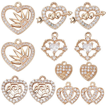 12Pcs 6 Style Valentine's Day Brass Micro Pave Cubic Zirconia Pendants, Heart, Clear, 10~17x9~19x2~3.5mm, Hole: 1~1.5mm, 2pcs/style