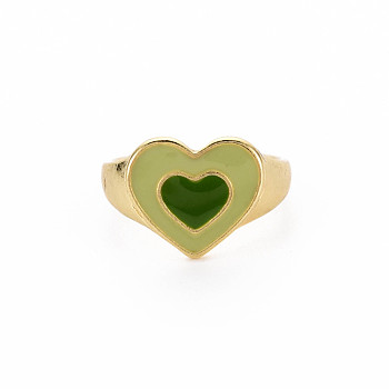 Rack Plating Light Gold Alloy Enamel Wide Band Rings, Cadmium Free & Lead Free, Heart, Dark Green, US Size 8 1/2(18.5mm)