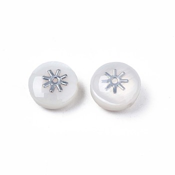 Natural Freshwater Shell Beads, with Platinum Plated Brass Metal Embellishments, Flat Round with Sun, Platinum, 8x4.5mm, Hole: 0.6mm