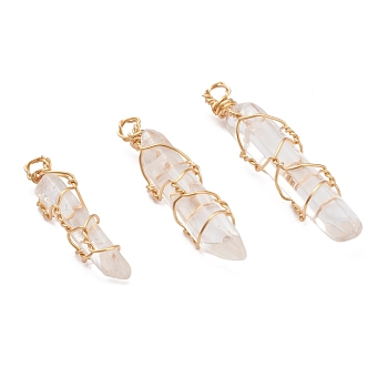 Natural Quartz Crystal Pendants, Rock Crystal Pendants, with Golden Copper Wire Findings Wrapped, Bullet, 27.5~40x7~9x7.5~9mm, Hole: 2mm