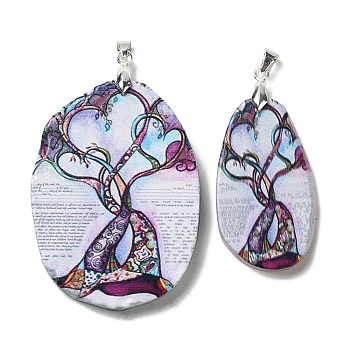 Natural Agate Big Pendants, Tree of Life Charms with Platinum Plated Metal Pinch Bails, Dyed & Heated, Lavender, 48~65x27~46x5.5~6mm, Hole: 5x3mm