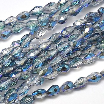 Faceted Teardrop Half Rainbow Plated Transparent Electroplate Glass Beads Strands, Clear, 5x3mm, Hole: 1mm, about 100pcs/strand, 17.7 inch~19.6 inch