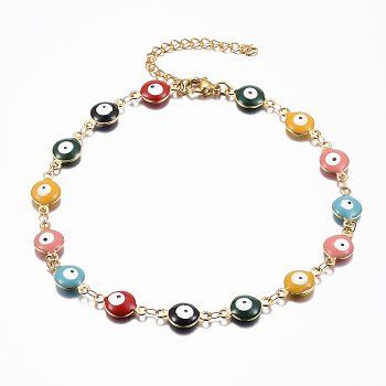 304 Stainless Steel Link Bracelets, Evil Eye, Real 18K Gold Plated, Colorful, 9-5/8 inch(24.5cm)