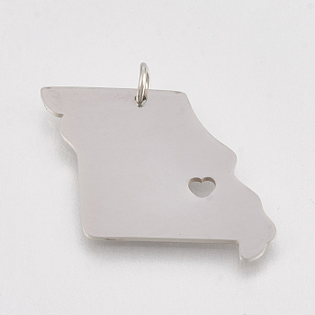 201 Stainless Steel Pendants, Map of Missouri, Stainless Steel Color, 20x20x1mm, Hole: 3mm