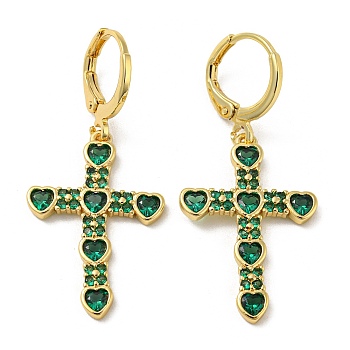 Cross Real 18K Gold Plated Brass Dangle Leverback Earrings, with Glass, Dark Green, 39x17.5mm
