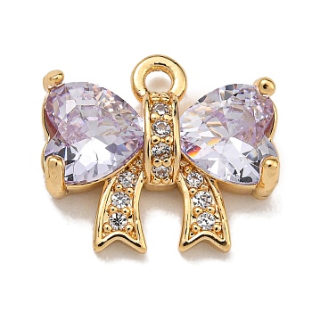 Brass Micro Pave Cubic Zirconia Charms, Real 18K Gold Plated, Bowknot, Lavender, 11.5x13.5x3.5mm, Hole: 1.4mm