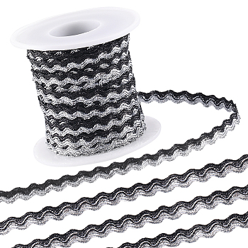 1Pc Sparkle Wavy Polyester Ribbons, with 1Pc Plastic Empty Spools, Black, 1/4 inch(5mm), about 16.40~18.59 Yards(15~17m)/Roll