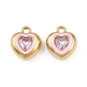 304 Stainless Steel Enamel Pendants, Heart, with Rhinestone, Real 18K Gold Plated, PVD Vacuum Plating, Pink, 16x14x7.5mm, Hole: 2mm