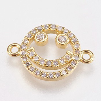 Brass Micro Pave Cubic Zirconia Links, Smiling Face, Clear, Golden, 11.5x17x2mm, Hole: 1mm