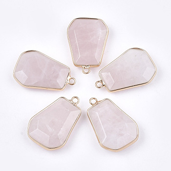 Natural Rose Quartz Pendants, with Brass Findings, Trapezoid, Golden, 30~32x21~22x6~7mm, Hole: 2mm
